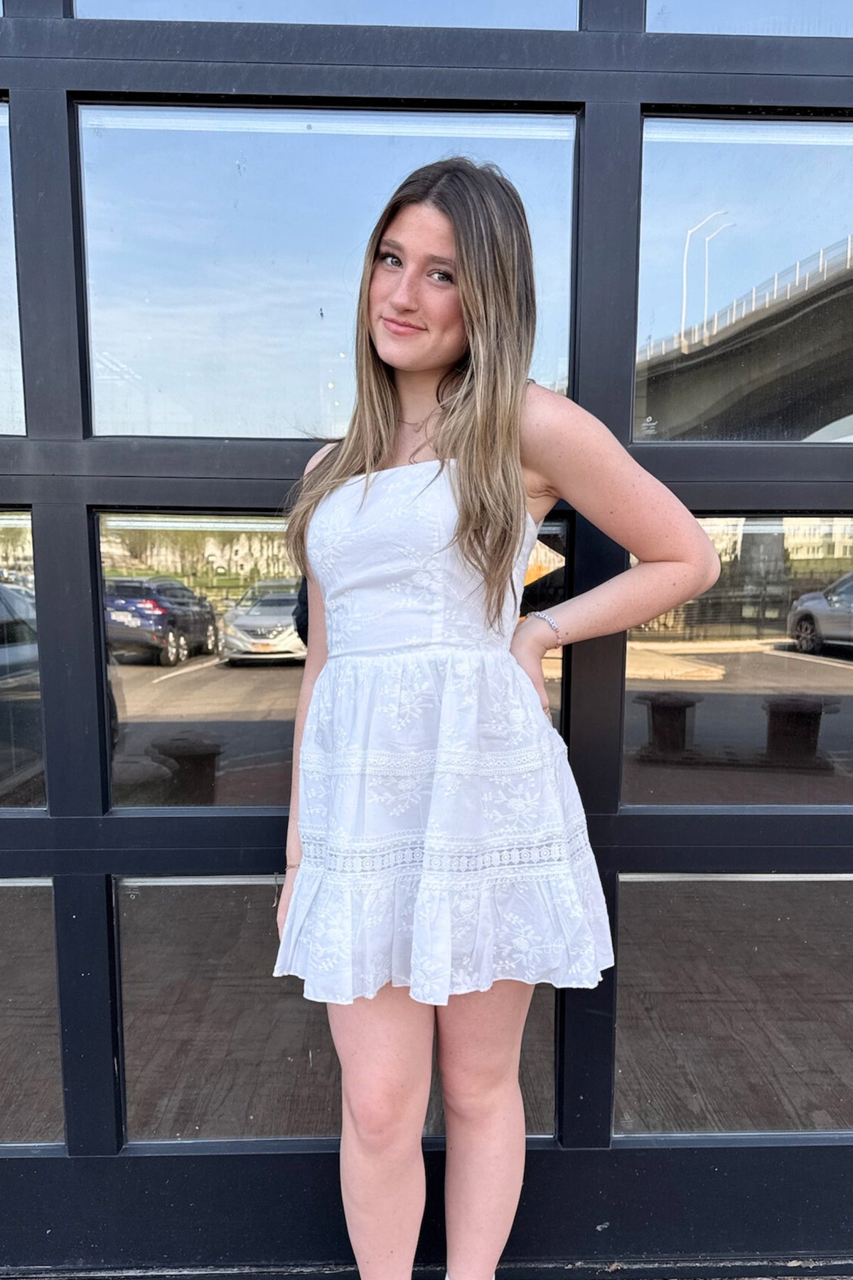 Junior Bridget Lace Insert Dress LG White