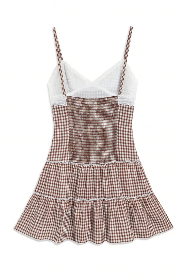 Tween FAWN LACE TRIM Sun Dress Chocolate Gingham / SM (7/8)