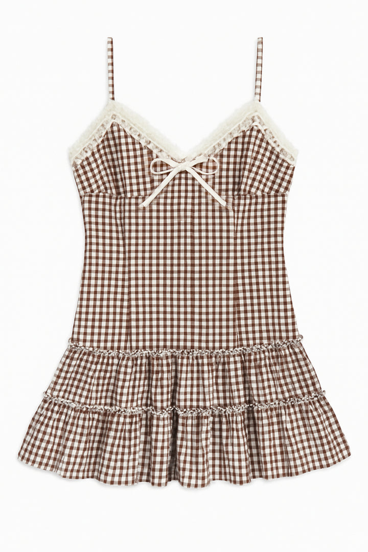 Tween Fawn Lace Trim Sun Dress Chocolate Gingham / SM (7/8)
