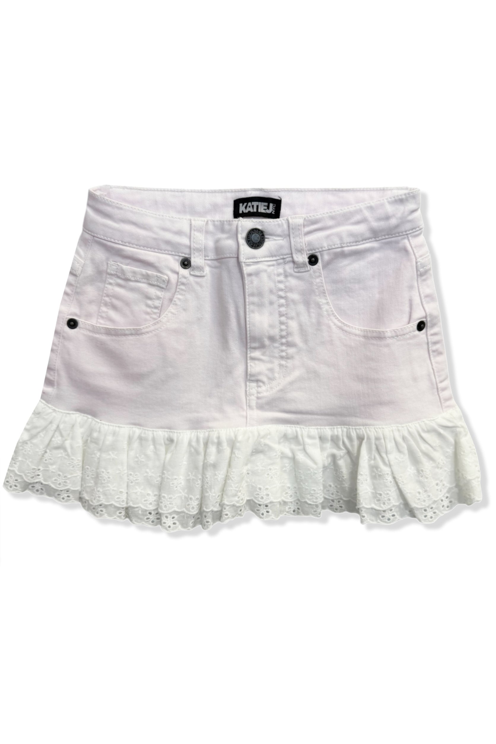 TWEEN POSITANO EYELET RUFFLE DENIM MINI SKIRT – KatieJNYC