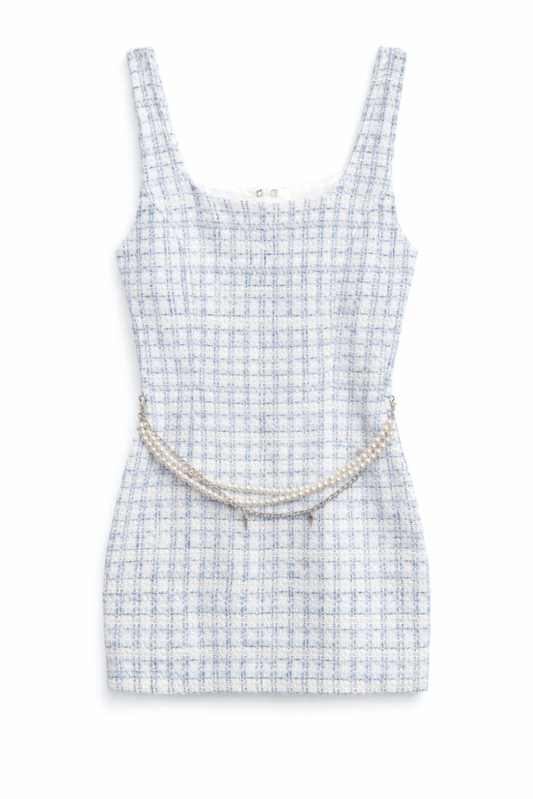 Blue tweed papillon chain flare dress 白 JUNIOR MIRANDA CHAIN DRESS – KatieJNYC